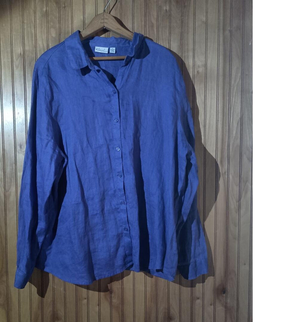 KIM ROGERS Women's Size XL 100% Linen Purple Long Sleeve Button-Down Blouse